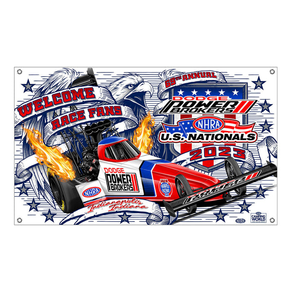 Dodge Power Brokers NHRA U.S. Nationals Event Banner In White, Red & Blue - Front View