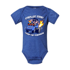 Stroller Today Funny Car Tomorrow Blue Onesie - Front View