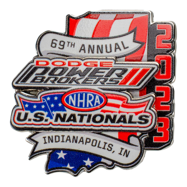 Dodge Power Brokers NHRA U.S. Nationals Limited Edition Hatpin In Silver, Red & Blue - Front View