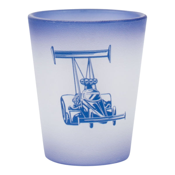 NHRA Dragster Frosted Shot Glass In Blue & White - Front View