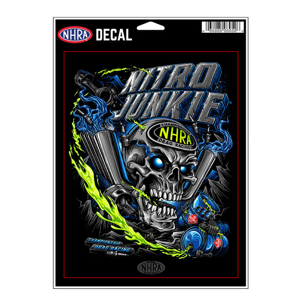 Nitro Junkie Decal In Black, Blue & Green - Front View