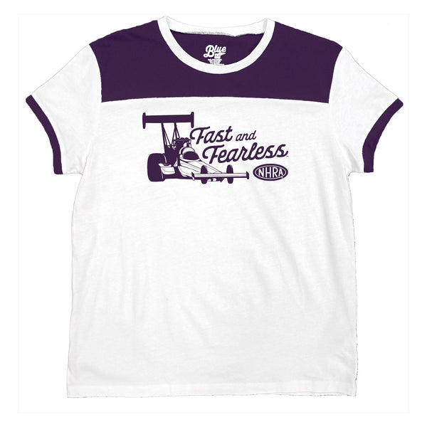 Ladies Fast & Fearless T-Shirt in White and Purple - Front View