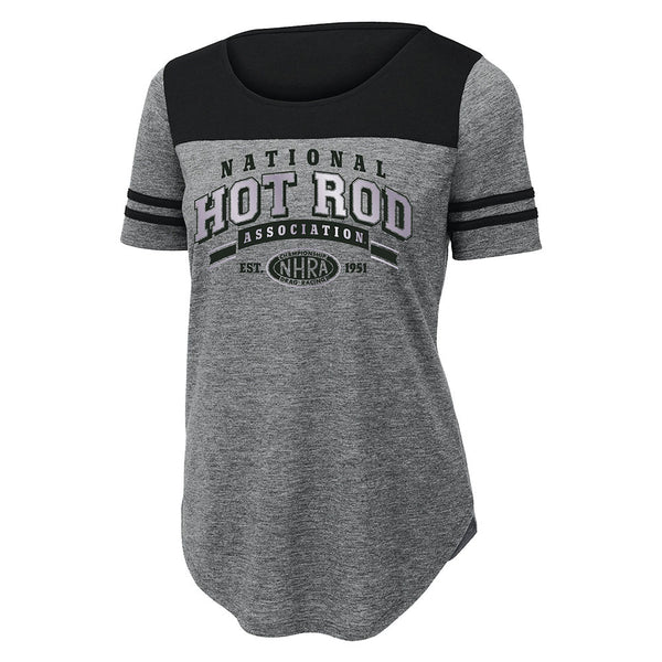 Ladies Collegiate NHRA Logo T-Shirt In Grey & Black - Front View