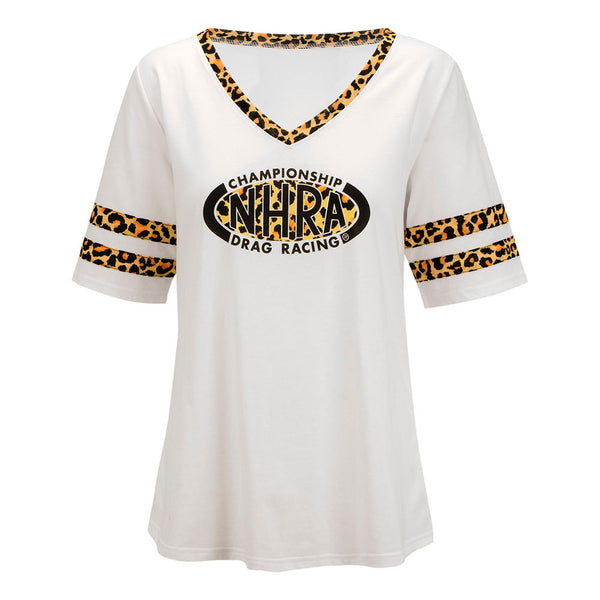 Ladies Leopard Print NHRA T-Shirt In White - Front View