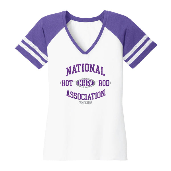 Ladies Collegiate NHRA Logo T-Shirt In White & Purple - Front View