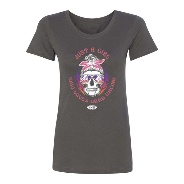 Ladies Just A Girl Who Loves Drag Racing T-Shirt In Grey - Front View