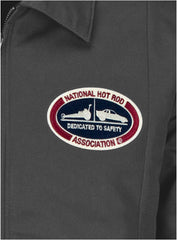 Dedicated To Safety Retro Garage Jacket In Grey - Zoomed View On Front Logo