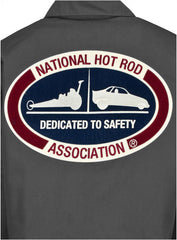 Dedicated To Safety Retro Garage Jacket In Grey - Zoomed View On Back Logo