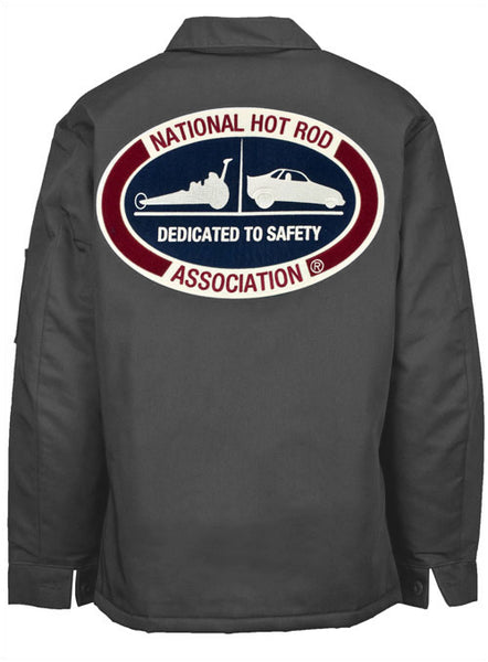 Dedicated To Safety Retro Garage Jacket In Grey - Back View