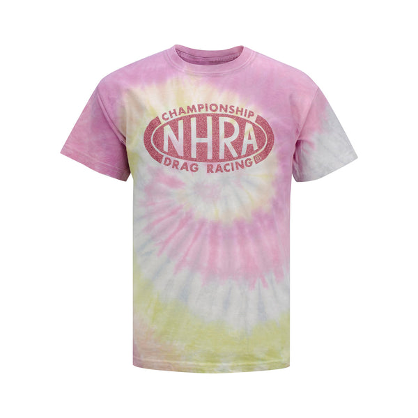 NHRA Logo Tie-Dye Youth T-Shirt In Pink & Yellow - Front View