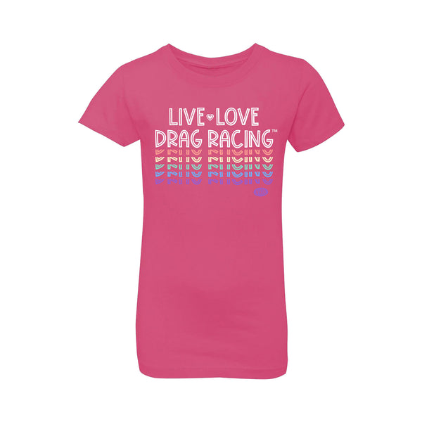 Youth Live Love Drag Racing T-Shirt In Pink - Front View
