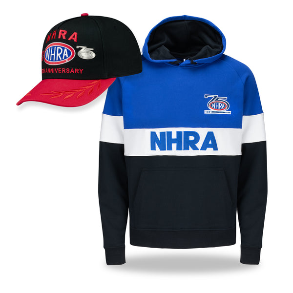 75th Anniversary Hat & Sweatshirt Bundle: Colorblock Hoodie & Black/Red Collectors Pin Hat