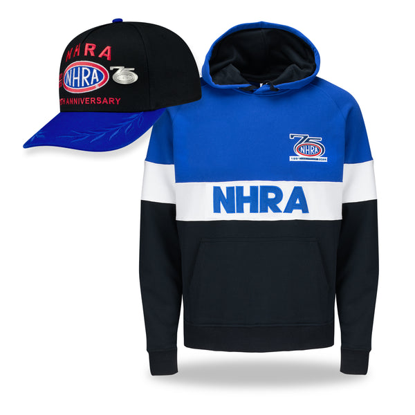 75th Anniversary Hat & Sweatshirt Bundle: Colorblock Hoodie & Black/Blue Collectors Pin Hat