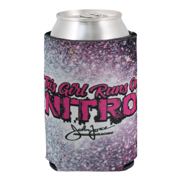 John Force Racing "This Girl Runs on Nitro" Can Cooler In Pink - Front View