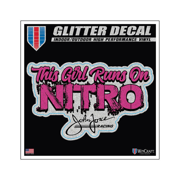 John Force Racing "This Girl Runs On Nitro" Decal In Pink - Front View