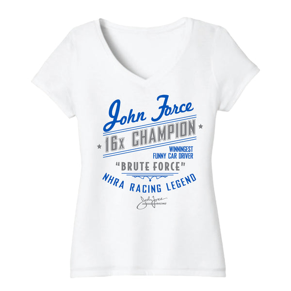 Ladies John Force Billboard T-Shirt in White - Front View