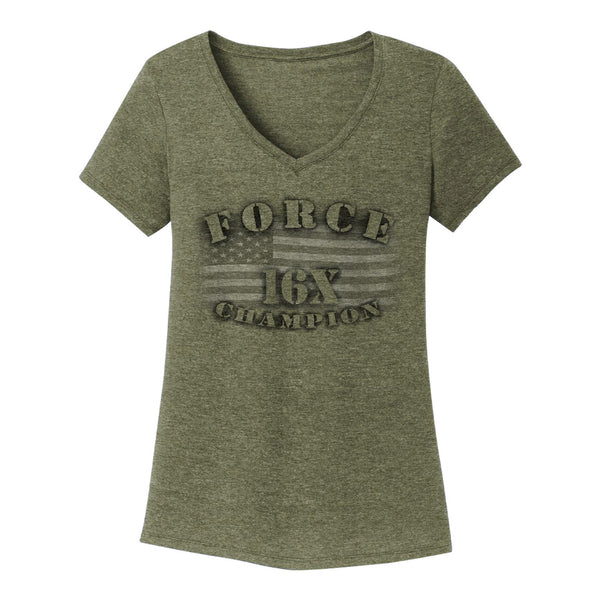Ladies John Force Americana T-Shirt in Green - Front View