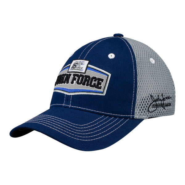 John Force Foam Mesh Flex-Fit Hat in Blue and Grey - Angled Left Side View
