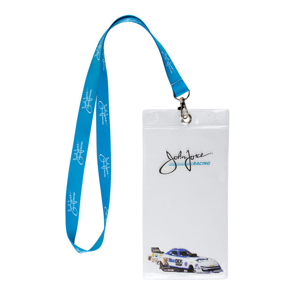 John Force Funny Car Credential Holder/Lanyard In Clear & Blue - Front View