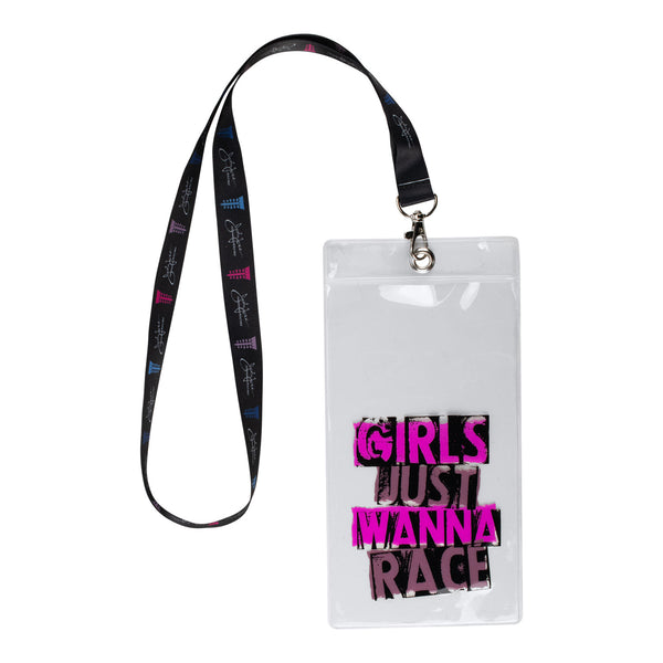 John Force Racing "Girls Just Wanna Race" Credential Holder/Lanyard In Clear, Pink & Black - Front View