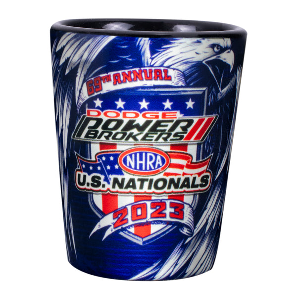 Dodge Power Brokers NHRA U.S. Nationals Event Shot Glass In Blue & Black - Side View 1