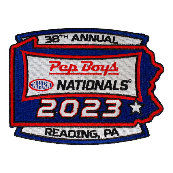 Pep Boys NHRA Nationals Event Emblem In Blue, Red & White - Front View