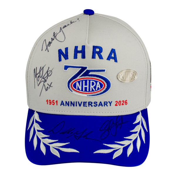 75th 2026 NHRA Cornwell Quality Tools NHRA U.S. Nationals Winners Autographed Limited Edition #50 Hat in White - Front View