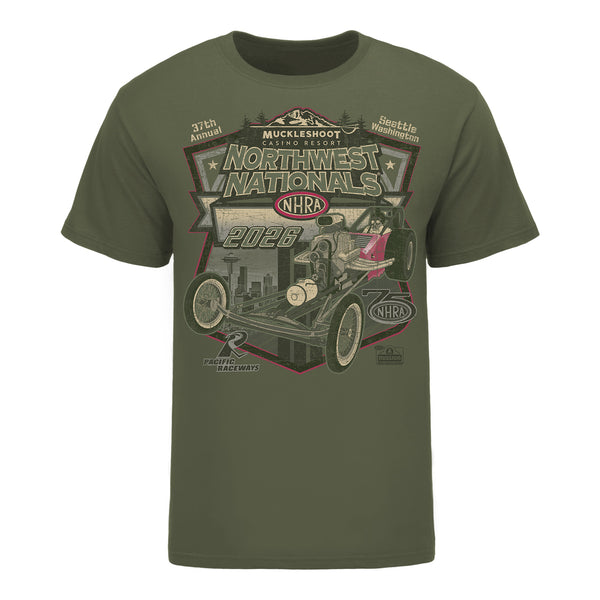 2026 NHRA Northwest Nationals Retro T-Shirt in Green - Front View