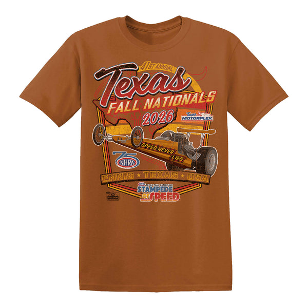 2026 NHRA Texas Fall Nationals Retro T-Shirt in Brown- Front view