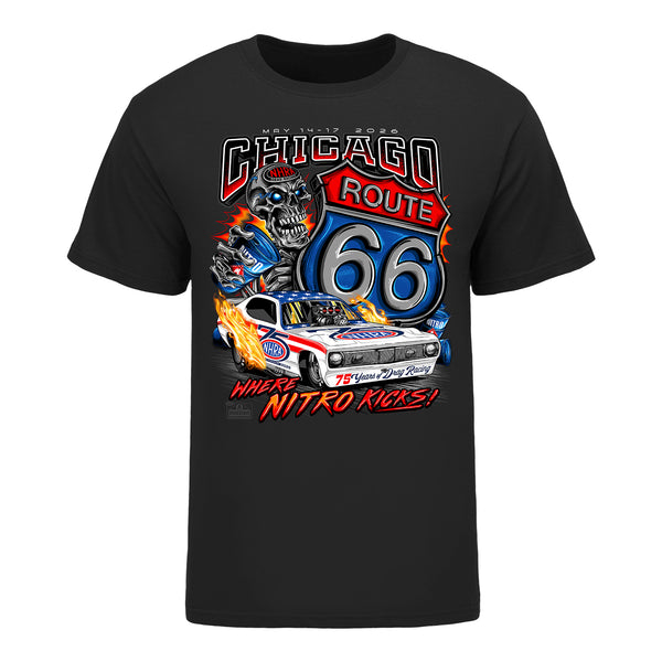 2026 NHRA Route 66 Nationals Nitro Junkie T-Shirt in Black - Front VIew