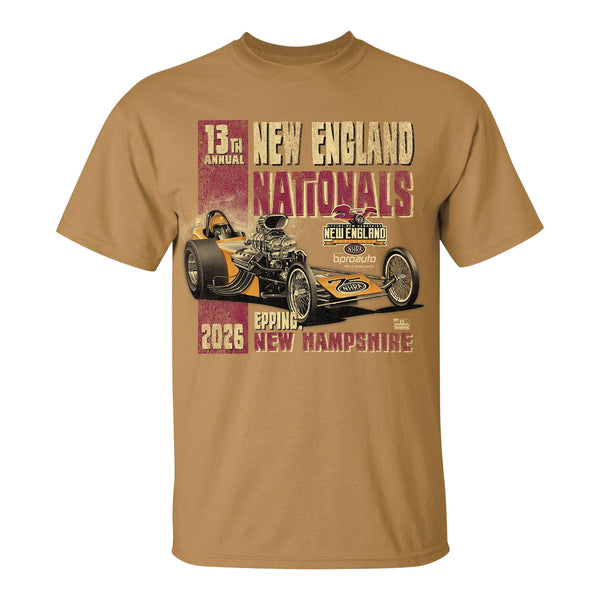 2026 NHRA New England Nationals Retro T-Shirt in Brown - Front View