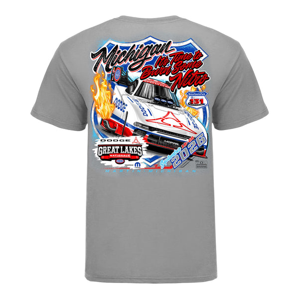 2026 Dodge NHRA Great Lakes Nationals Grey Event T-Shirt in Grey - Back View