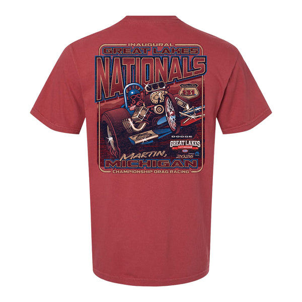 2026 Dodge NHRA Great Lakes Nationals Retro T-Shirt in Red - Back View
