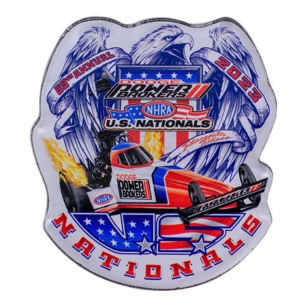 Dodge Power Brokers NHRA U.S. Nationals Event Magnet In Silver, Blue & Red - Front View