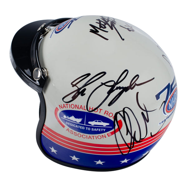 75th 2026 Gerber Collision & Glass Route 66 NHRA Nationals presented by PEAK Winners Autographed Retro Mini Helmet in White - Left view