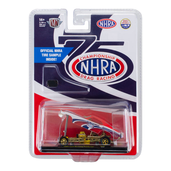 NHRA 75th 1969 Ford Mustang Funny Car Diecast 1:64 In Multi-Color - In-Box Front View