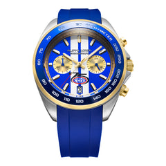 NHRA 75th Anniversary White Stripes Chronograph Blue Rubber Strap Watch In Blue, Gold & Silver - Front View