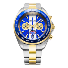 NHRA 75th Anniversary White Stripes Chronograph Two Tone Bracelet Watch In Blue, Gold & Silver - Front View