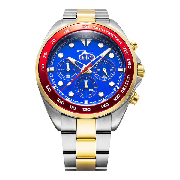NHRA 75th Anniversary Red & Blue Chronograph Two-Tone Bracelet Watch - Front View