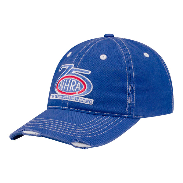 Ladies NHRA 75th Anniversary Distressed Wash Hat in Blue - Front left view