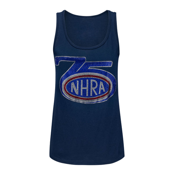 Ladies 75th Rhinestone Tank in Blue - Front View