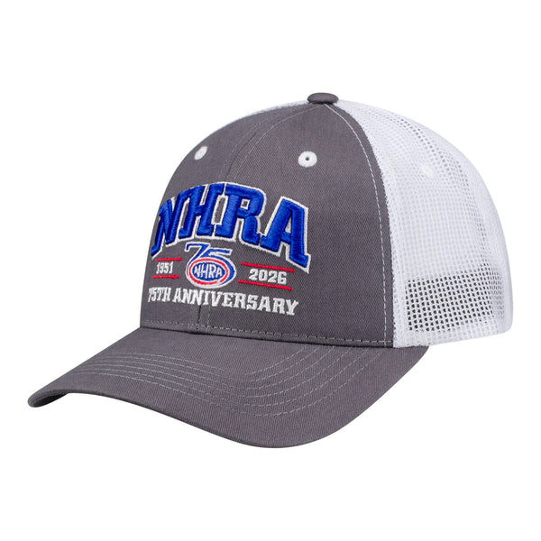 NHRA 75th Anniversary Collegiate Mesh Hat in Grey - Front Left View