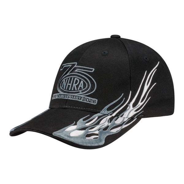 NHRA 75th Anniversary Shadow Flame Hat in Black - Front left View