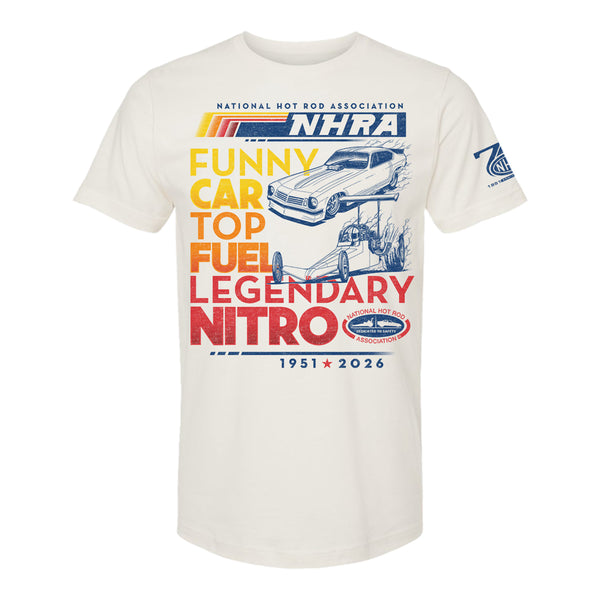 NHRA 75th Retro Striped Stacked T-Shirt in White - back view
