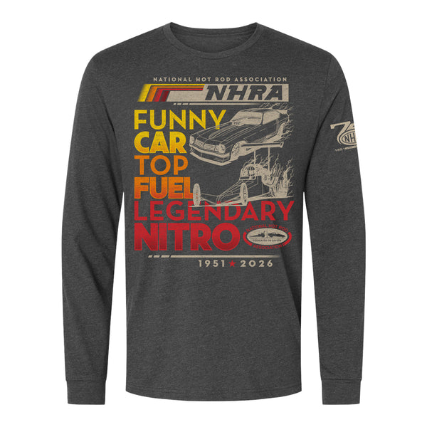 NHRA 75th Retro Striped Stacked Long Sleeve T-Shirt in Black - Front View