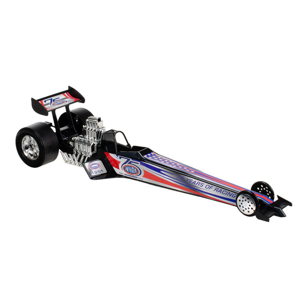 NHRA 75th Black Plastic Toy Dragster - Front Right View