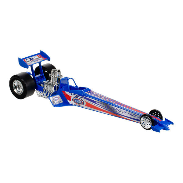 NHRA 75th Blue Plastic Toy Dragster - Front Right View