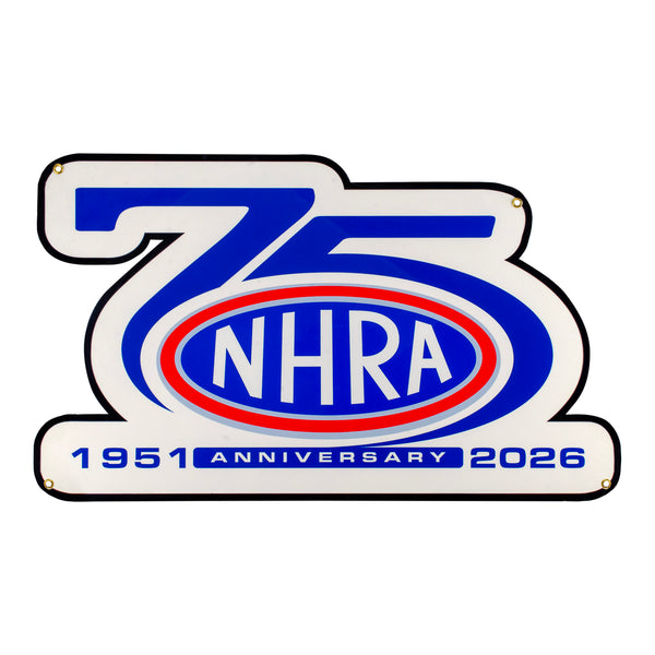 NHRA 75th Logo Metal Sign In Blue, White & Red - Front View