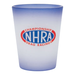NHRA Dragster Frosted Shot Glass In Blue & White - Back View