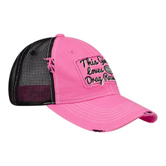 Ladies "This Girl Loves Drag Racing" Hat In Pink & Black - Angled Right Side View